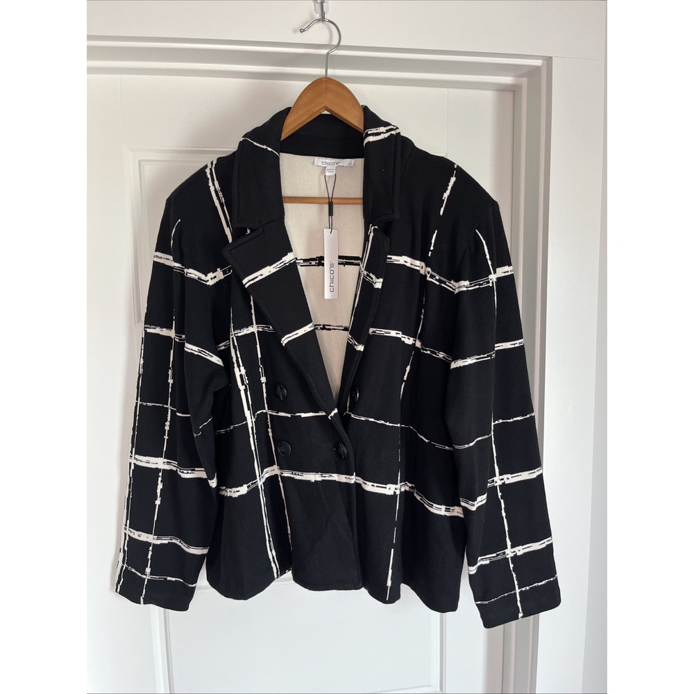 Chico's Women Black White Cardigan Sweater  Blazer Classic Size 4/XXL New Career